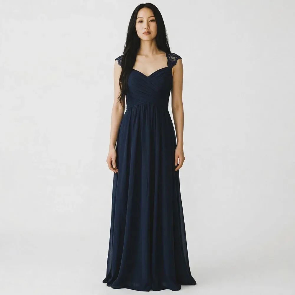 D’Zage Solid Navy Lace Cap Sleeve Maxi Dress Elegant Bridesmaid Long Dress 12